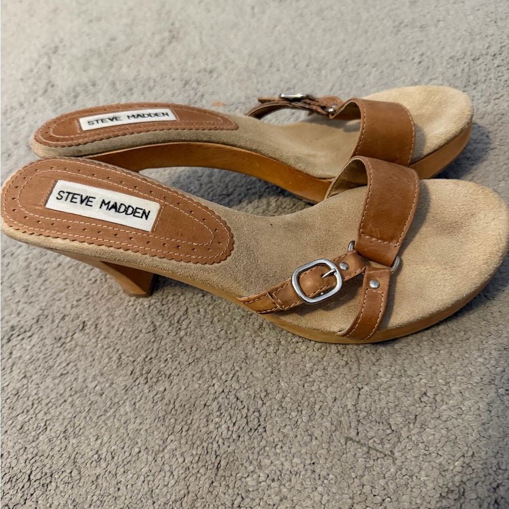 Steve Madden Brown Leather Buckle Mid-Heel Mules